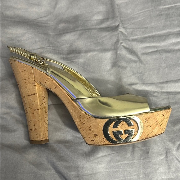 Gucci Gold Metallic Cork Platform Slingbacks